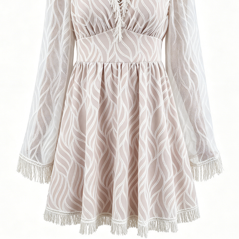 White Lace Overlay V-Neck Flare Sleeve Fringe Trim Mini Dress