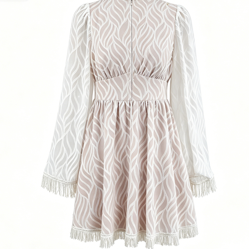 White Lace Overlay V-Neck Flare Sleeve Fringe Trim Mini Dress