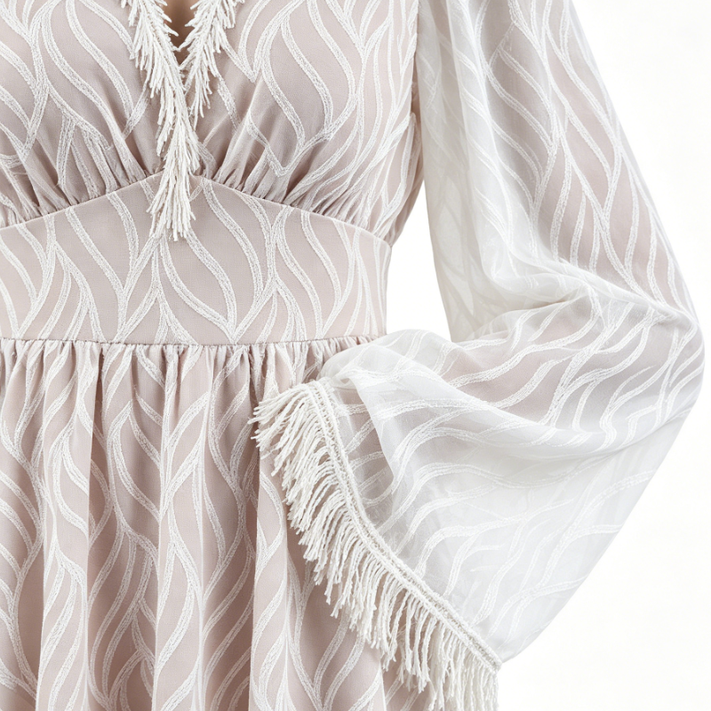 White Lace Overlay V-Neck Flare Sleeve Fringe Trim Mini Dress