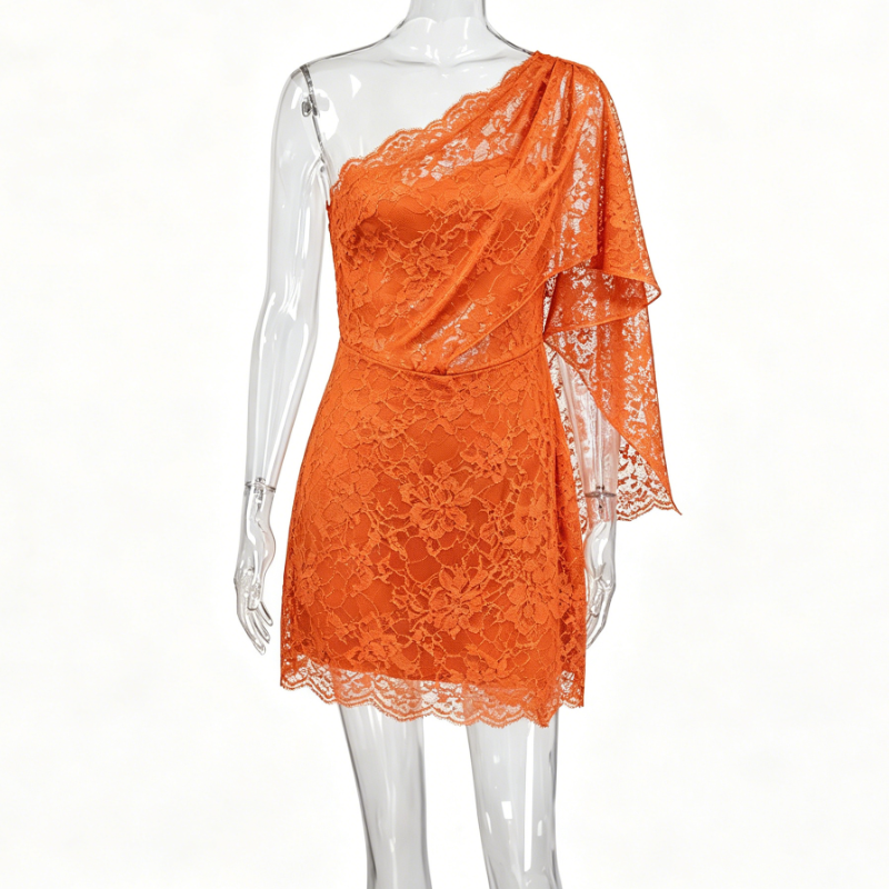 Orange Lace One-Shoulder Draped Bodycon Mini Dress