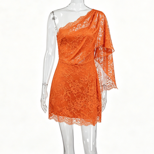 Orange Lace One-Shoulder Draped Bodycon Mini Dress