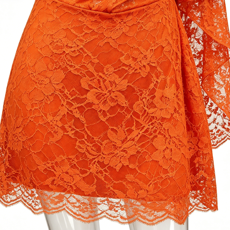 Orange Lace One-Shoulder Draped Bodycon Mini Dress