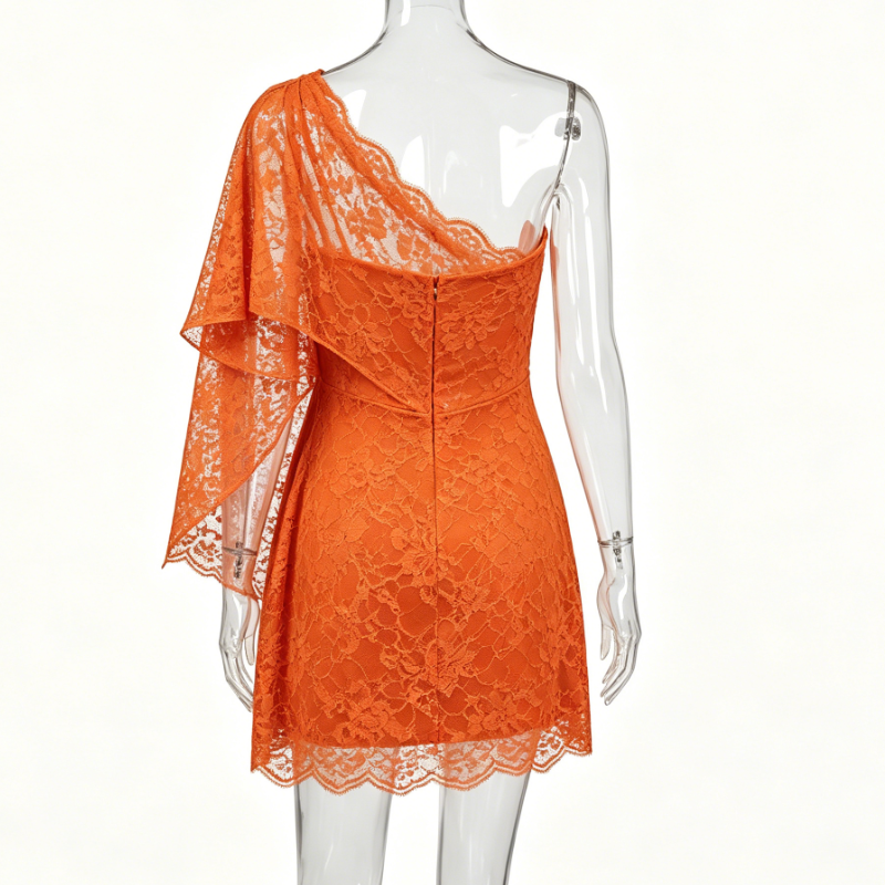 Orange Lace One-Shoulder Draped Bodycon Mini Dress