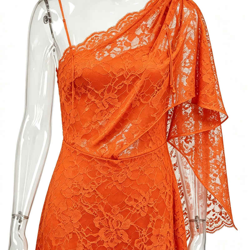 Orange Lace One-Shoulder Draped Bodycon Mini Dress