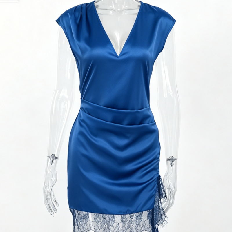 Royal Blue Satin V-Neck Cap Sleeve Ruched Lace Hem Mini Dress
