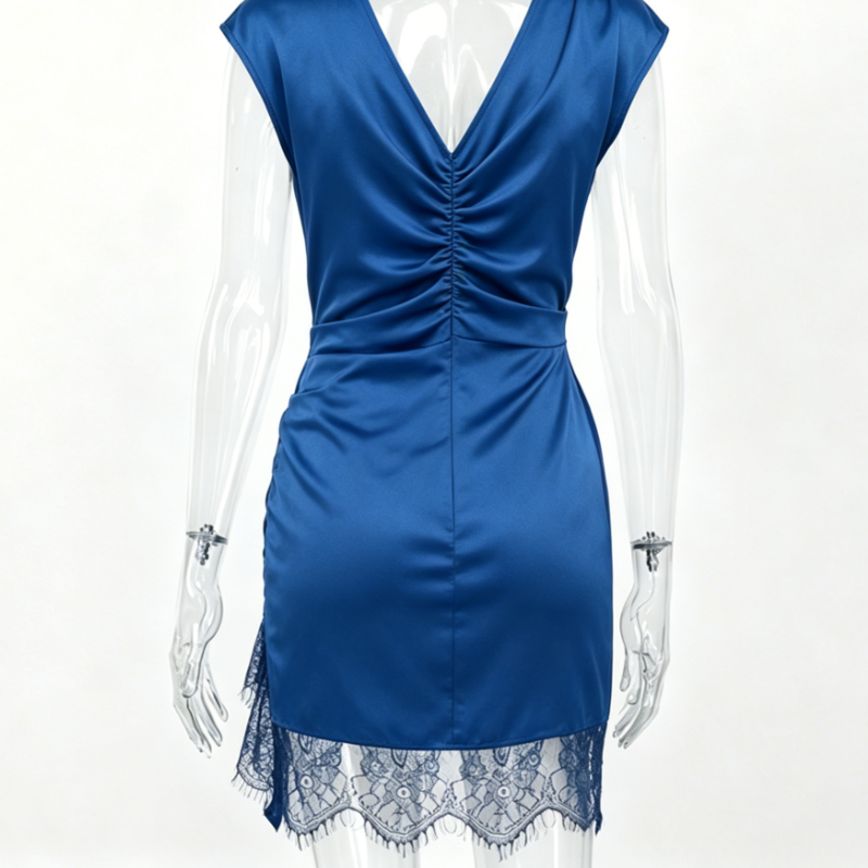 Royal Blue Satin V-Neck Cap Sleeve Ruched Lace Hem Mini Dress