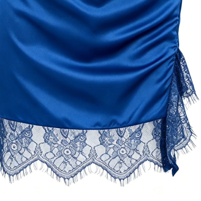 Royal Blue Satin V-Neck Cap Sleeve Ruched Lace Hem Mini Dress