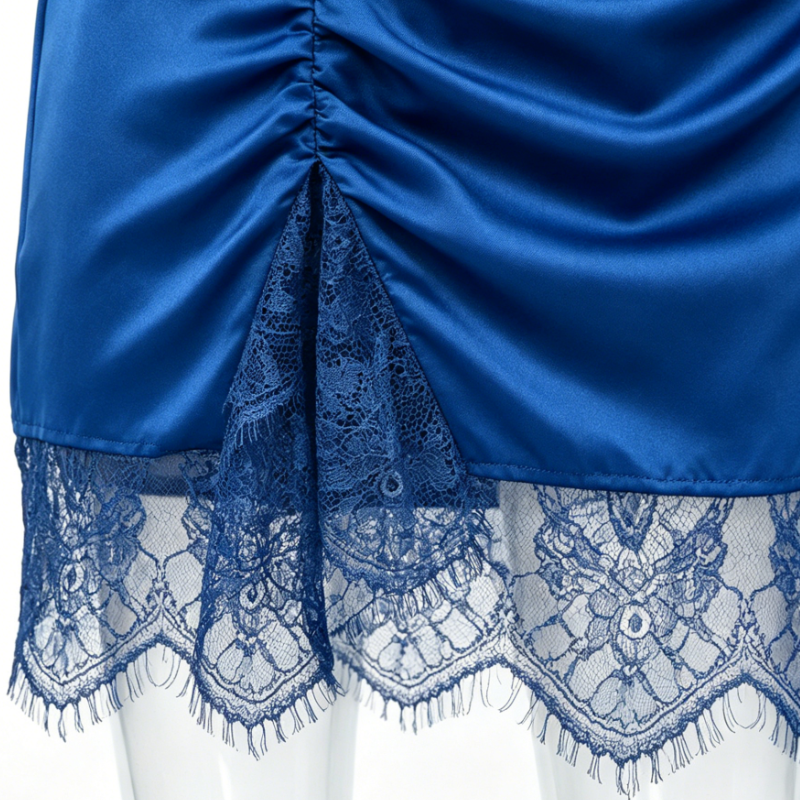 Royal Blue Satin V-Neck Cap Sleeve Ruched Lace Hem Mini Dress