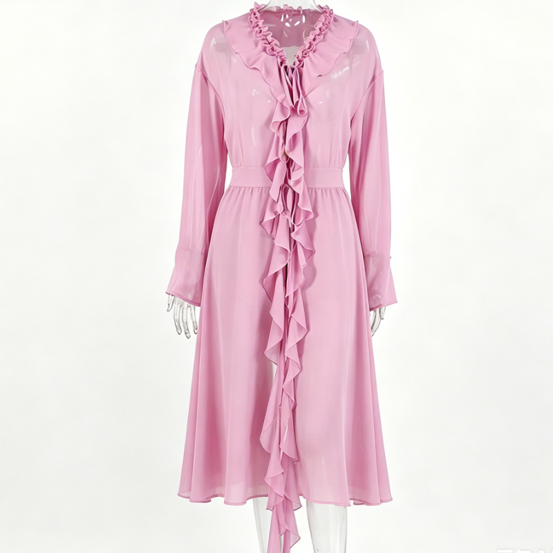 Women's Sheer Chiffon Long Sleeve Ruffle Front Tie Waist Dress