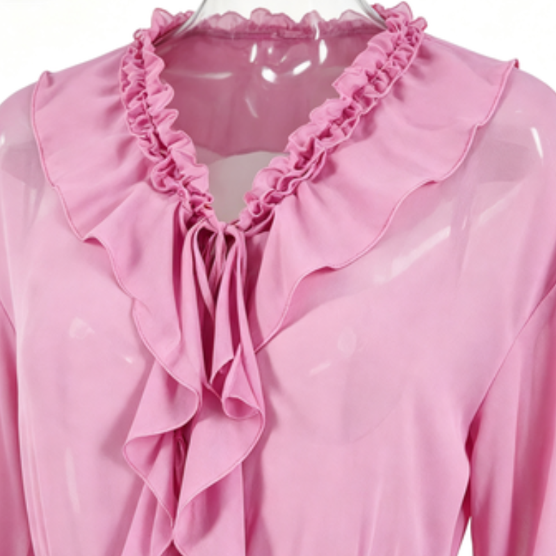Women's Sheer Chiffon Long Sleeve Ruffle Front Tie Waist Dress