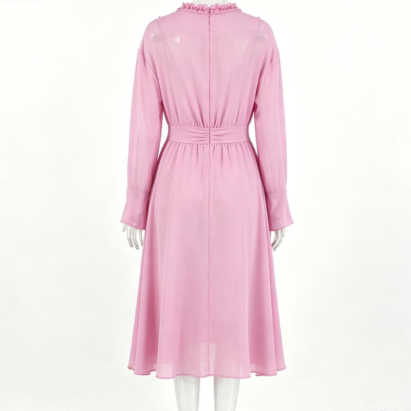 Women's Sheer Chiffon Long Sleeve Ruffle Front Tie Waist Dress