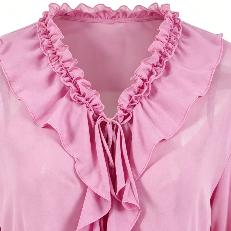 Women's Sheer Chiffon Long Sleeve Ruffle Front Tie Waist Dress