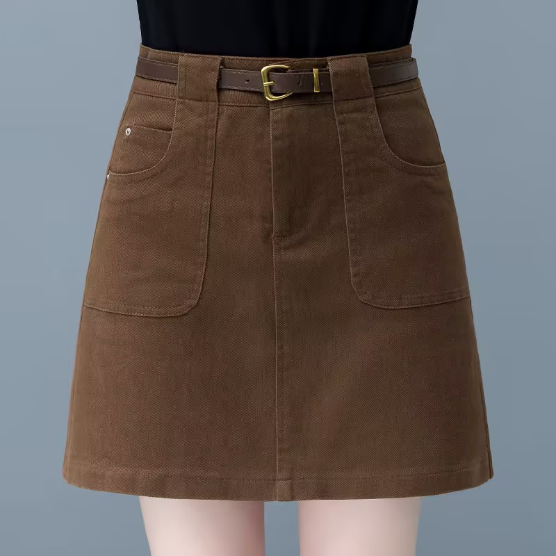 High-waisted Cargo A-line Denim Mini Skort with Matching Belt