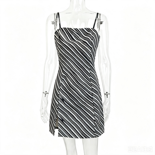 Diagonal Zebra Stripe Straight Neck Cami Mini Dress with Side Slit