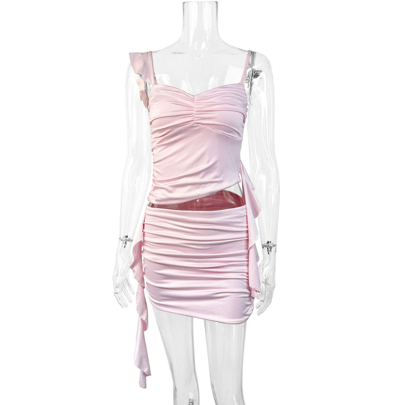 Pink Ruffle Ruched Two-Piece Cami Dress