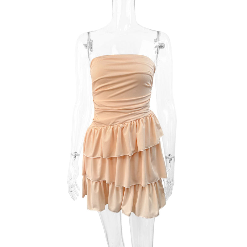 Peach Ruched Tube Top Tiered Ruffle Mini Dress