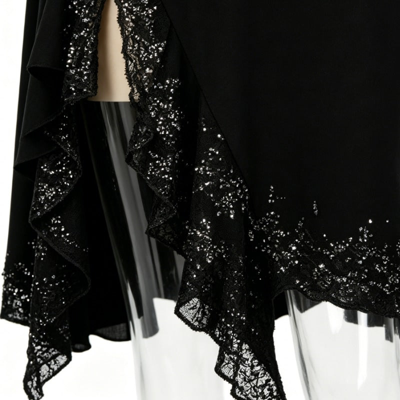 Black Lace Trim Halter Neck Asymmetrical Glitter Midi Dress