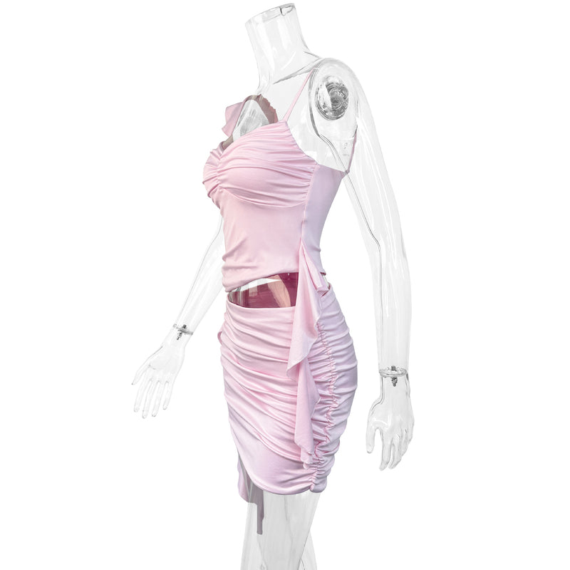 Pink Ruffle Ruched Two-Piece Cami Dress