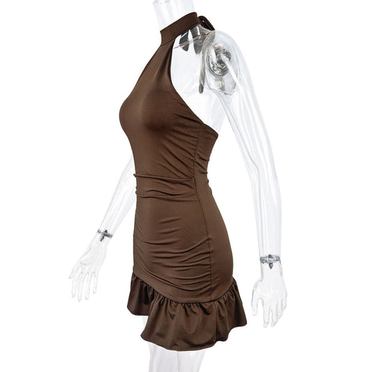 Brown Halter Neck Ruched Ruffle Hem Bodycon Mini Dress