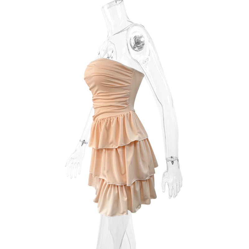Peach Ruched Tube Top Tiered Ruffle Mini Dress