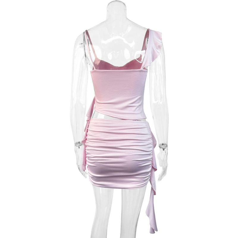 Pink Ruffle Ruched Two-Piece Cami Dress