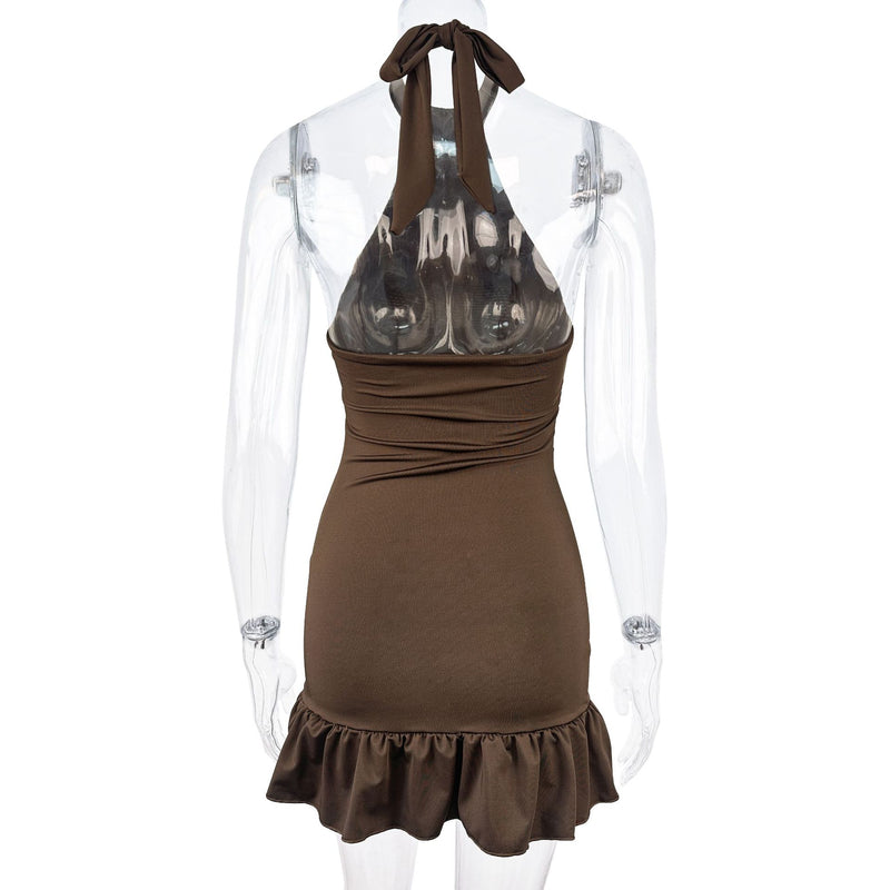 Brown Halter Neck Ruched Ruffle Hem Bodycon Mini Dress