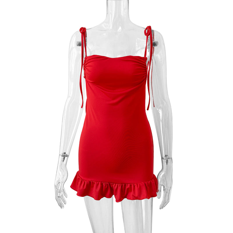 Red Tie Strap Ruched Bodycon Mini Dress