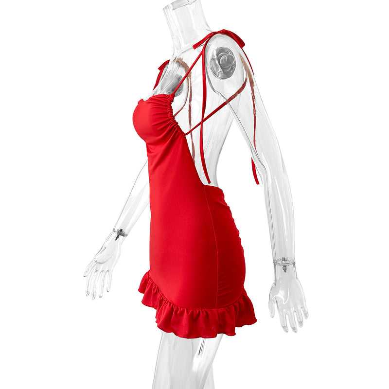Red Tie Strap Ruched Bodycon Mini Dress