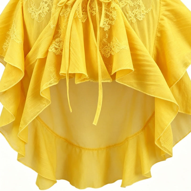 Yellow Lace Up Front Asymmetrical Ruffle Maxi Cami Dress
