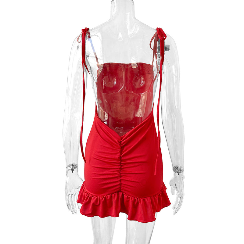 Red Tie Strap Ruched Bodycon Mini Dress