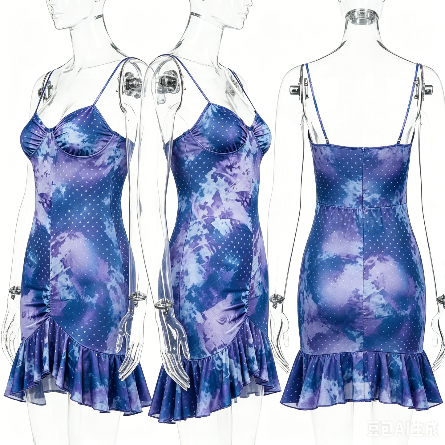 Purple & Blue Tie-Dye Polka Dot Ruffle Hem Fitted Slip Dress