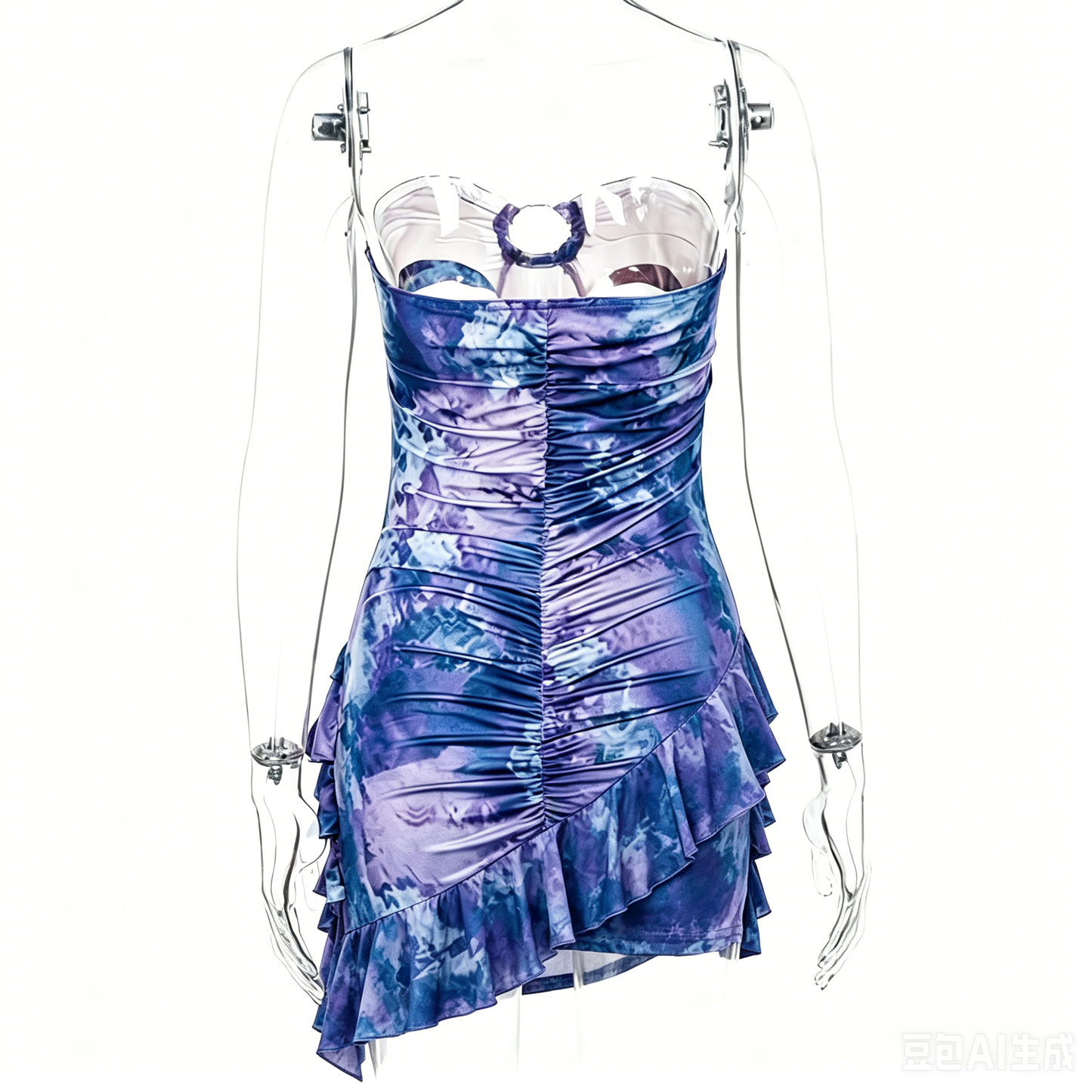 Blue & Purple Tie-Dye Ruched Fringe Asymmetrical Ruffle Slip Dress
