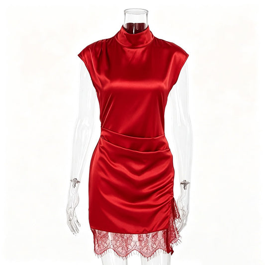 Mature and sophisticated red satin lace slit bodycon skirt