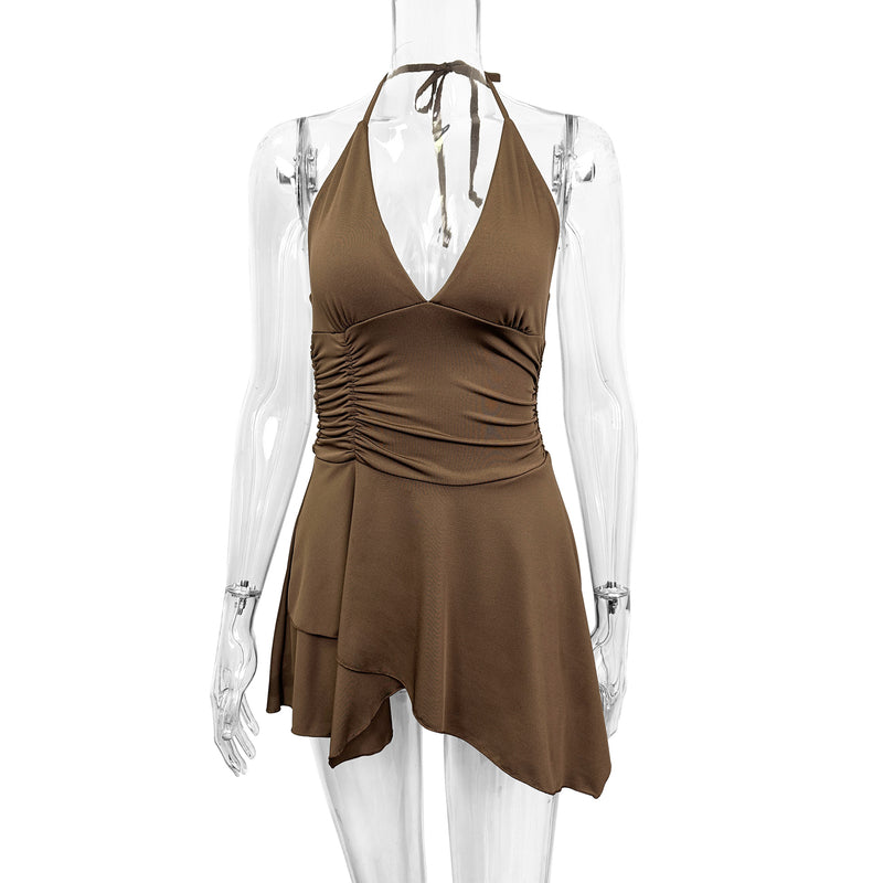 Brown Halter Neck Ruched Asymmetrical Mini Dress
