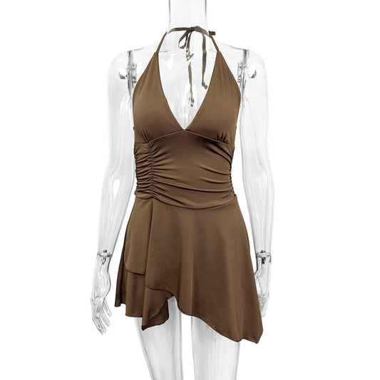 Brown Halter Neck Ruched Asymmetrical Mini Dress