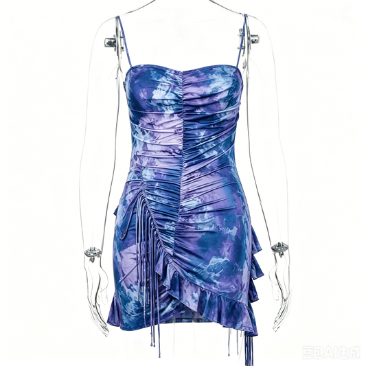 Blue & Purple Tie-Dye Ruched Fringe Asymmetrical Ruffle Slip Dress