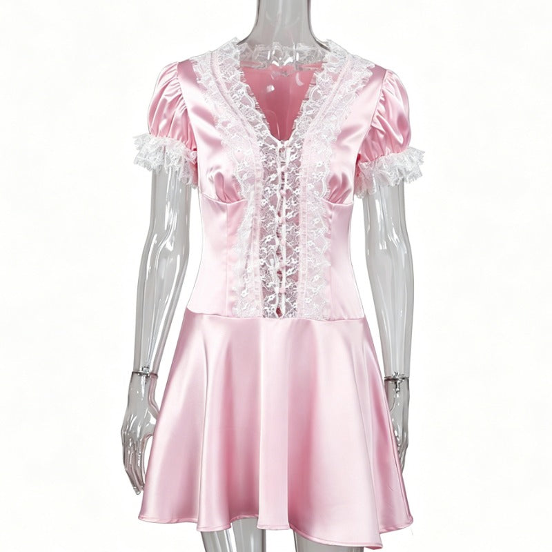 Soft Pink Satin Lace Trim Puff Sleeve Party Mini Dress