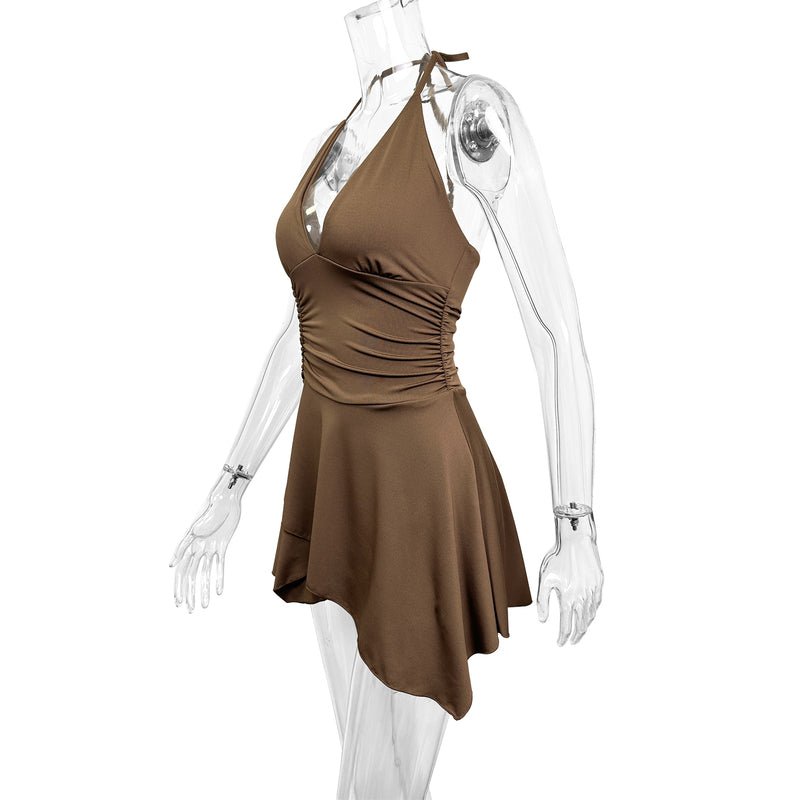 Brown Halter Neck Ruched Asymmetrical Mini Dress