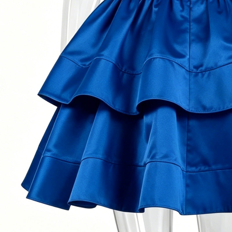 Royal Blue Satin Halter Neck Tiered Ruffle Mini Dress