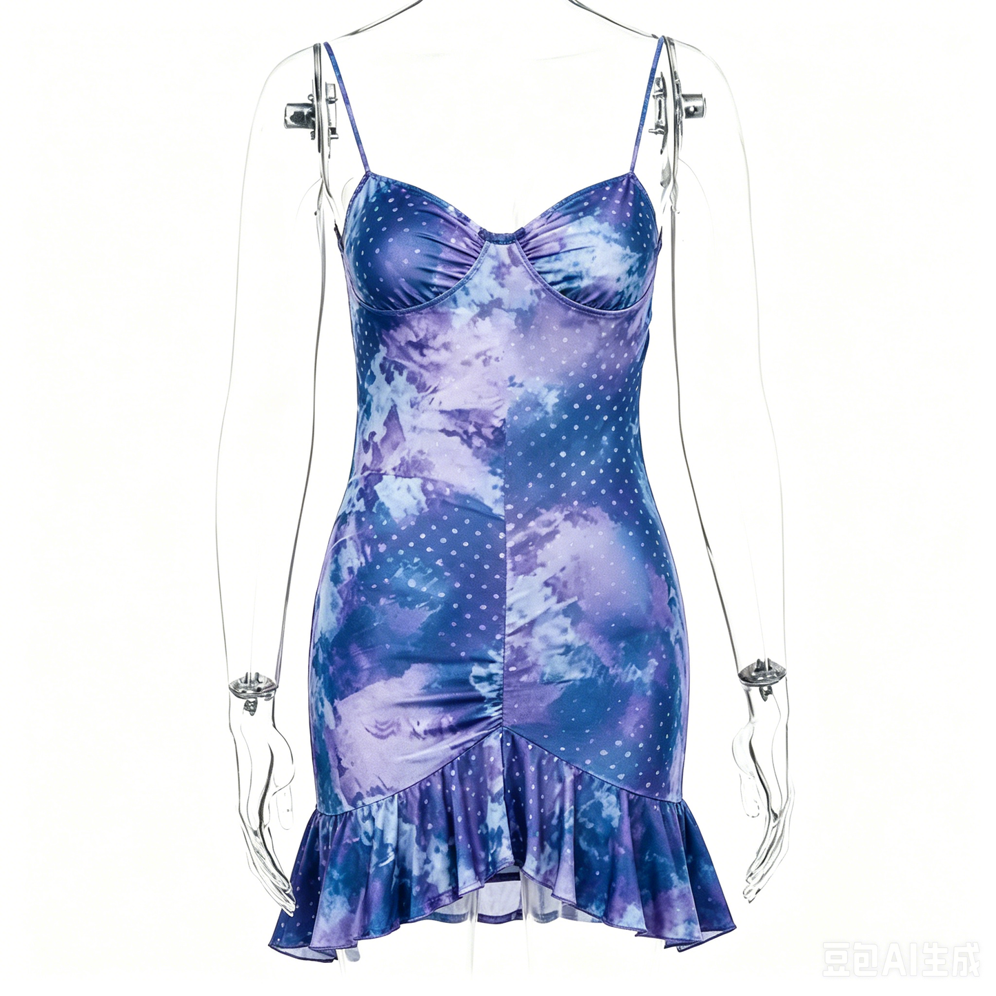 Purple & Blue Tie-Dye Polka Dot Ruffle Hem Fitted Slip Dress
