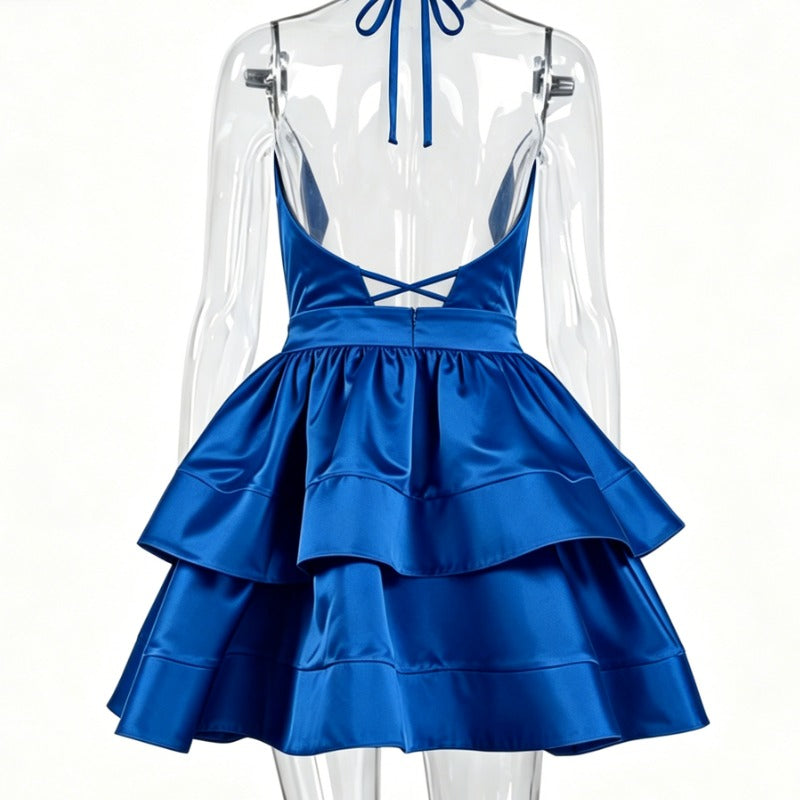 Royal Blue Satin Halter Neck Tiered Ruffle Mini Dress