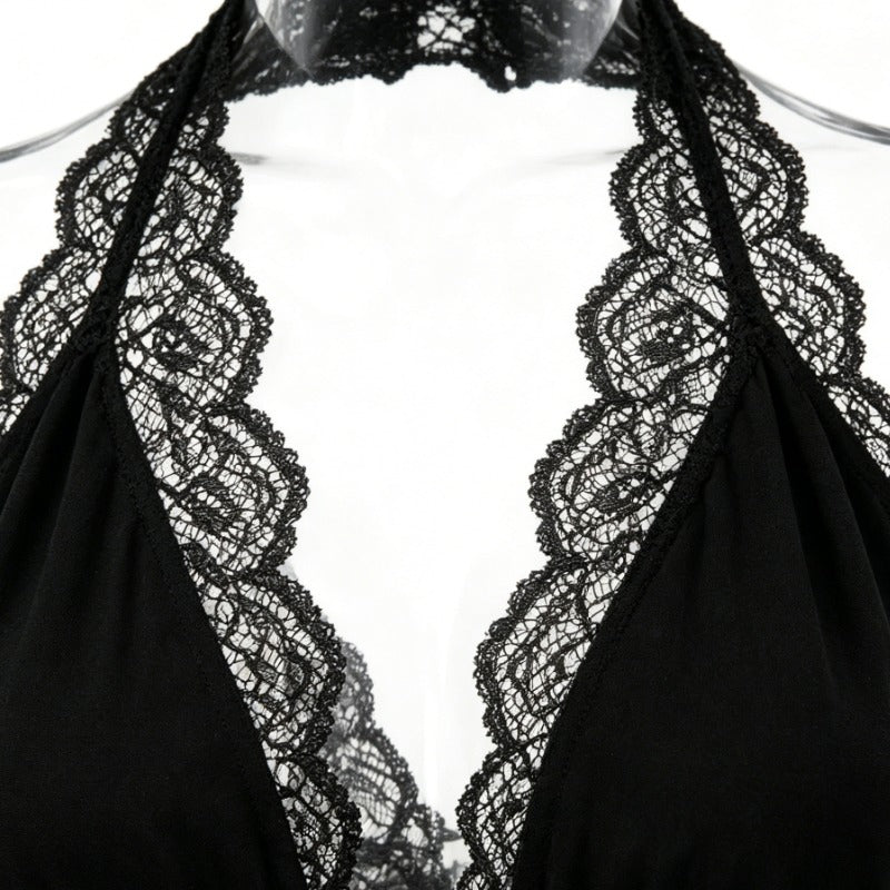 Black Lace Trim Halter Neck Asymmetrical Glitter Midi Dress