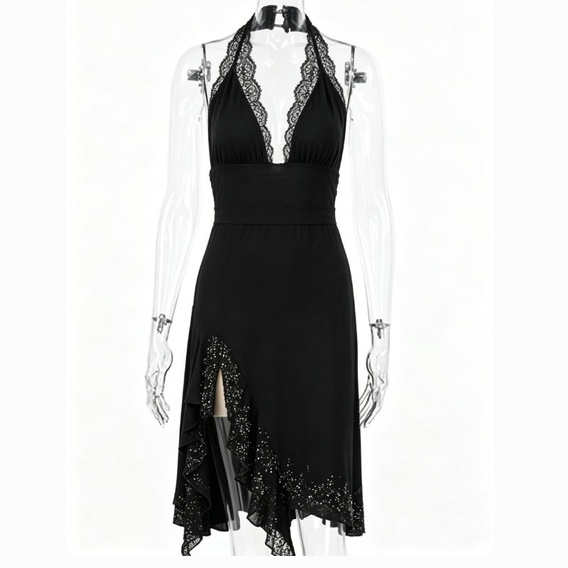 Black Lace Trim Halter Neck Asymmetrical Glitter Midi Dress
