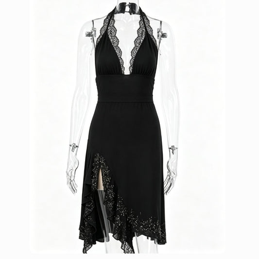 Black Lace Trim Halter Neck Asymmetrical Glitter Midi Dress