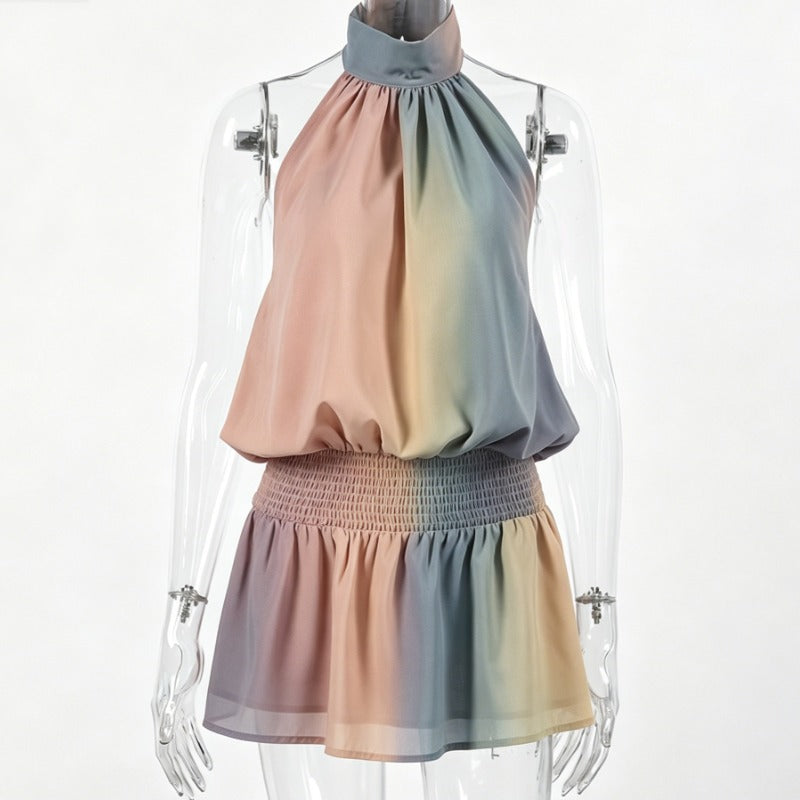Colorful Ombre Halter Neck Two-Piece Summer Outfit