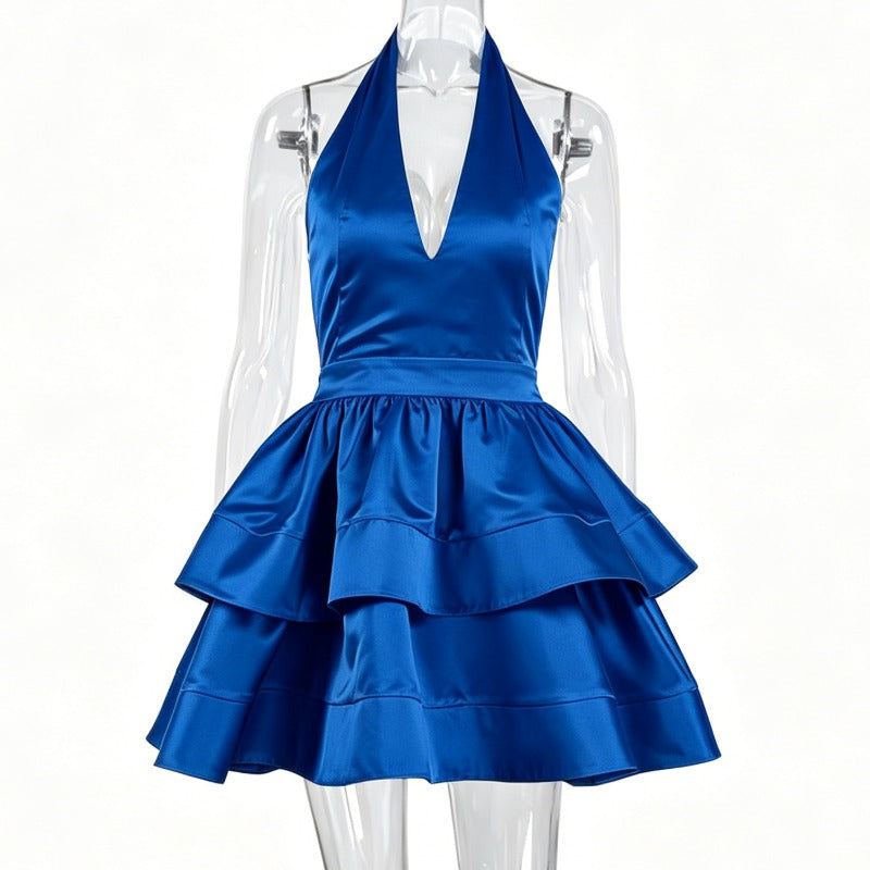 Royal Blue Satin Halter Neck Tiered Ruffle Mini Dress
