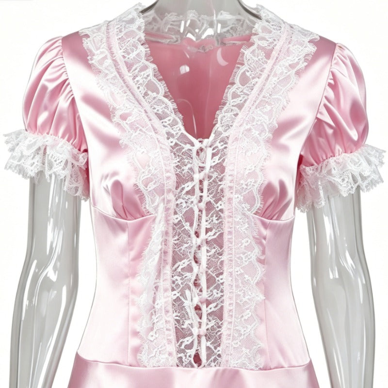 Soft Pink Satin Lace Trim Puff Sleeve Party Mini Dress