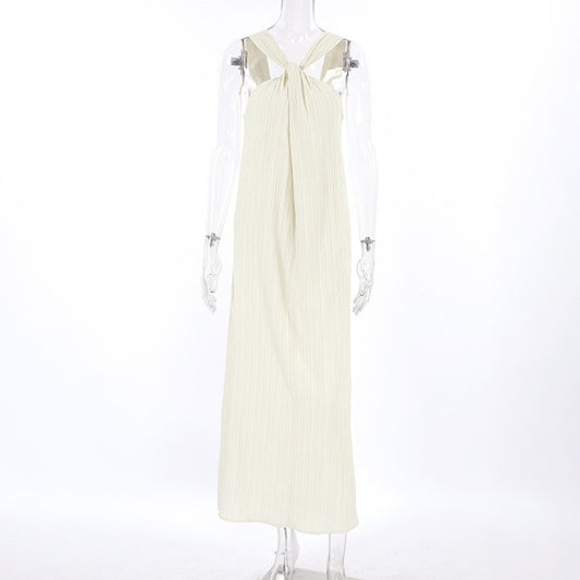 Beige Textured Halter Neck Maxi Dress