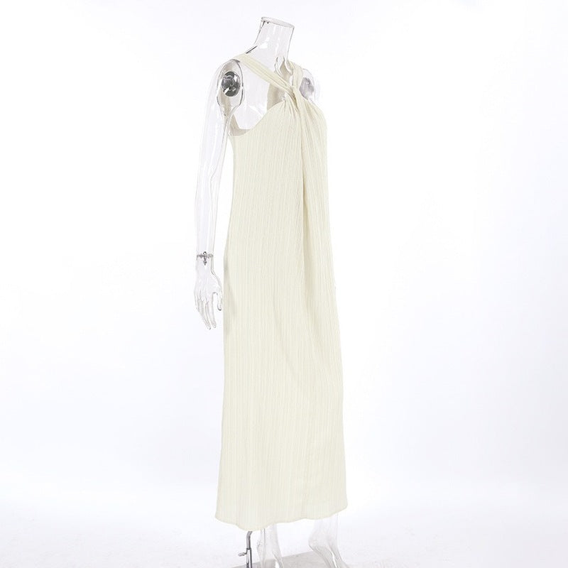 Beige Textured Halter Neck Maxi Dress