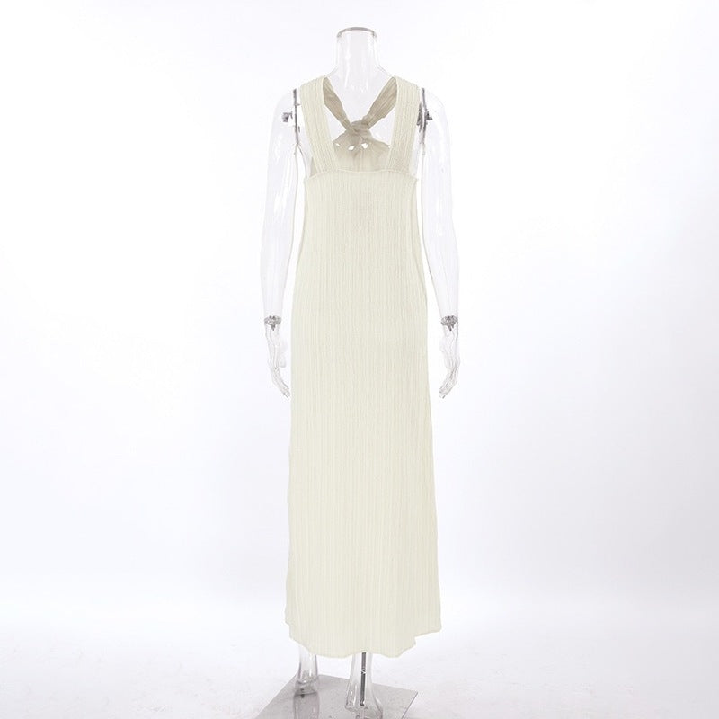 Beige Textured Halter Neck Maxi Dress